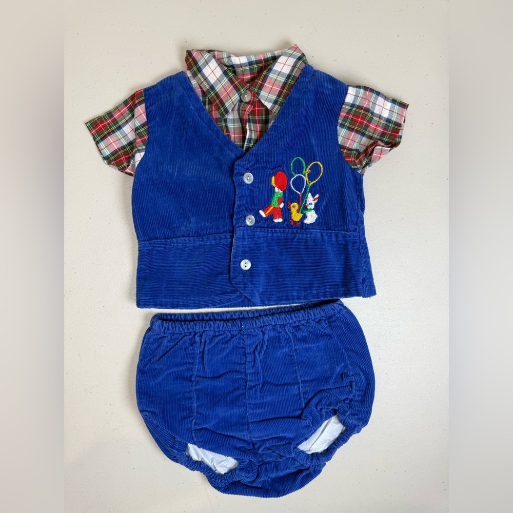 Blue Corduroy Baby Vest & Bloomers Set with Embroidered Balloons